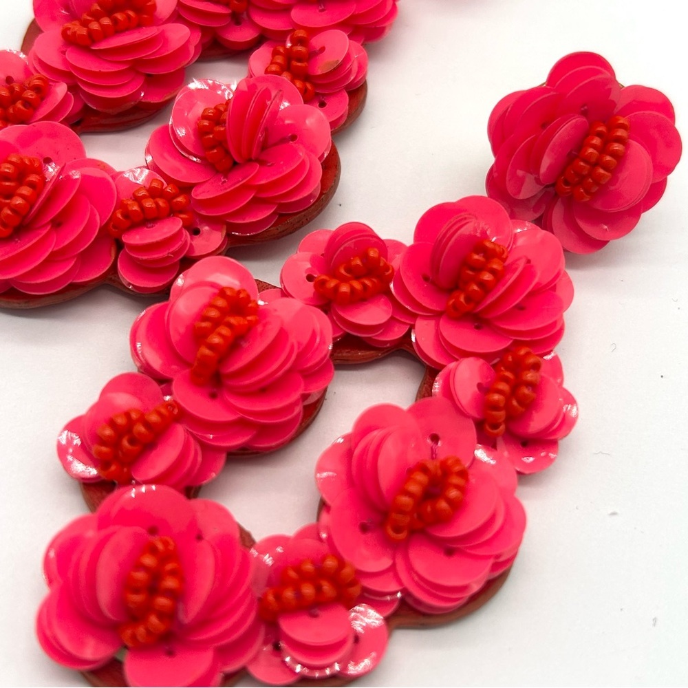 J. Crew Bright Pink Sequin Leather Back Earrings - Picture 2 of 5